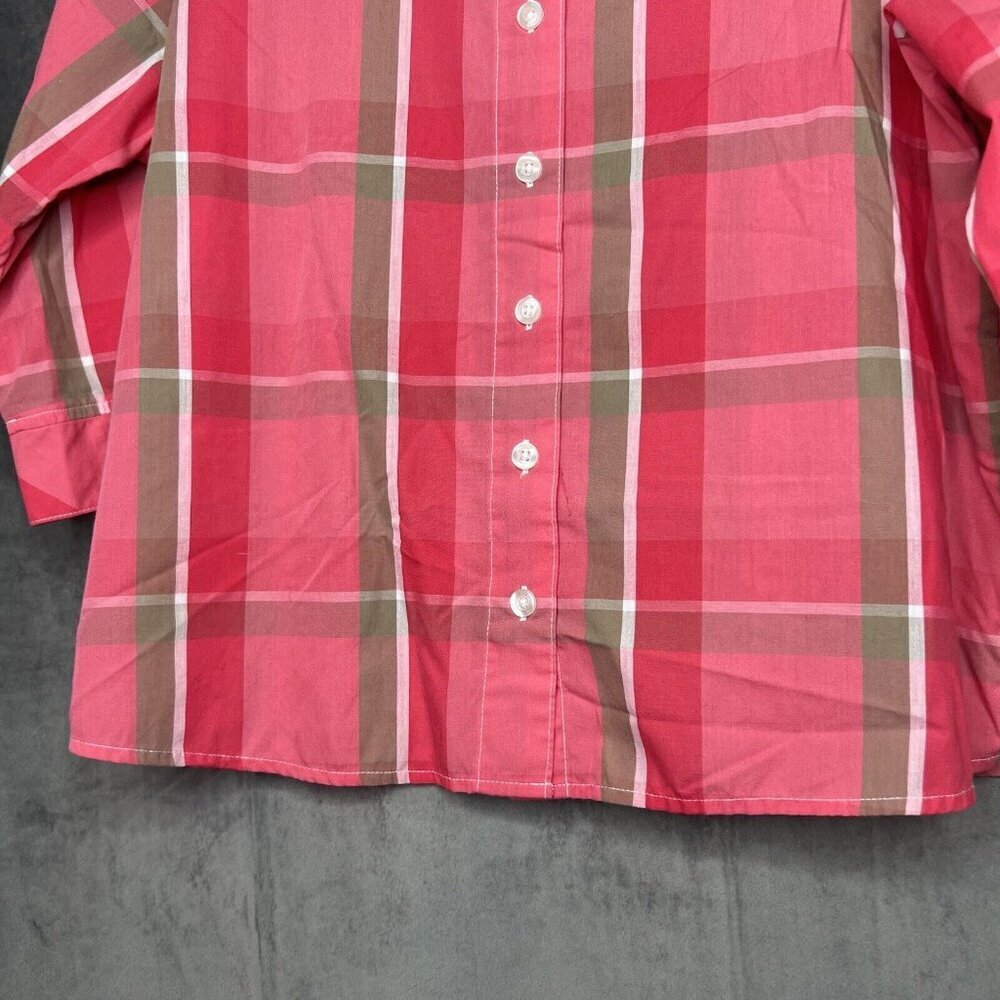 Rebecca Malone Top XL Casual Button Up 3/4 Sleeve Pink Plaid Blouse Collared - Picture 4 of 8